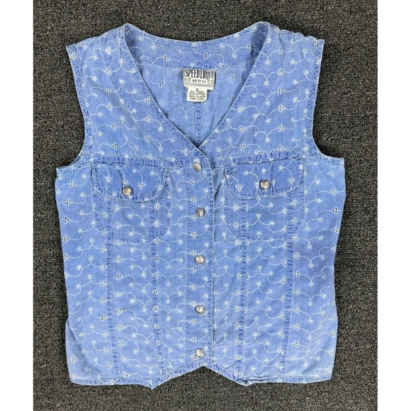 Speed Limit 98 Jackets & Blazers - Y2K Denim Vest Top‎ Floral Embroidered Blue Button Front Indie Soft Girl